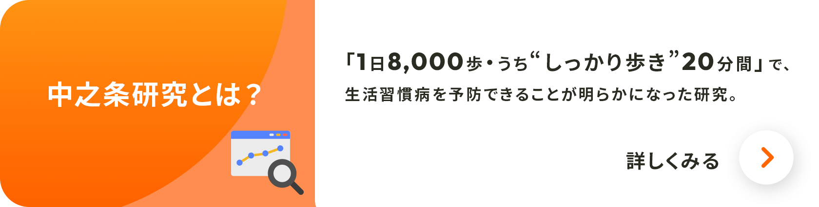 中之条研究とは？　「1日8,000歩・うち“しっかり歩き”20分間」で、生活習慣病を予防できることが明らかになった研究。
