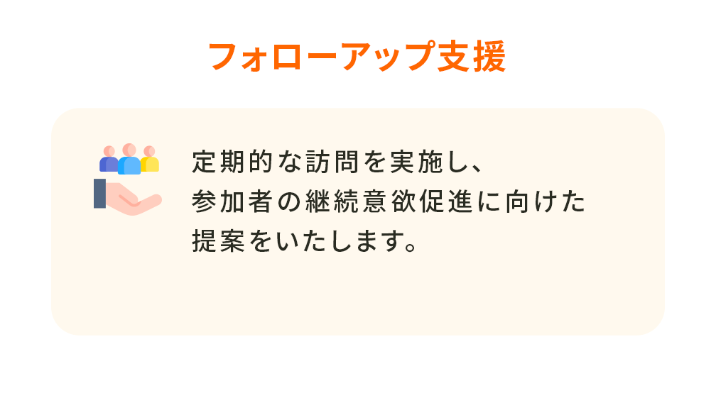 フォローアップ支援のご提案　定期的な訪問を実施し、継続意欲を促す支援をいたします。
					