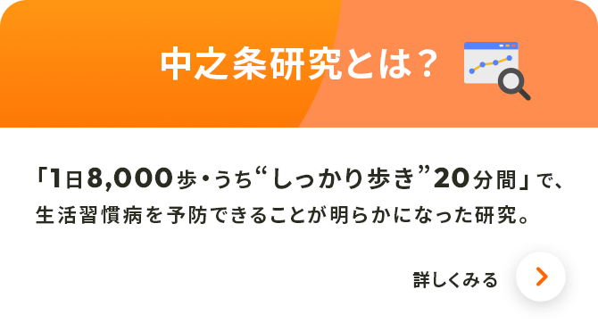 中之条研究とは？　「1日8,000歩・うち“しっかり歩き”20分間」で、生活習慣病を予防できることが明らかになった研究。